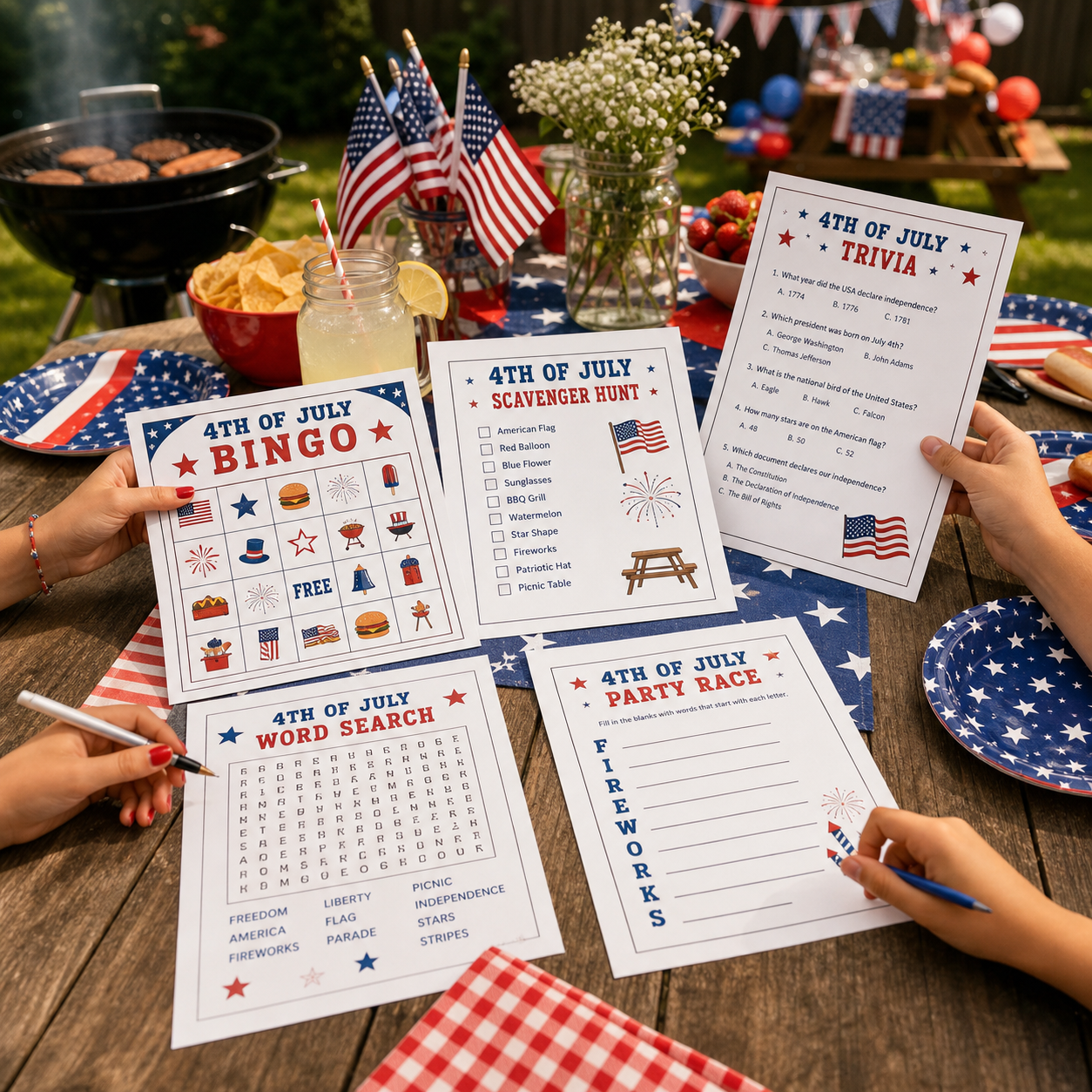 4th of July printable games being played at a backyard BBQ