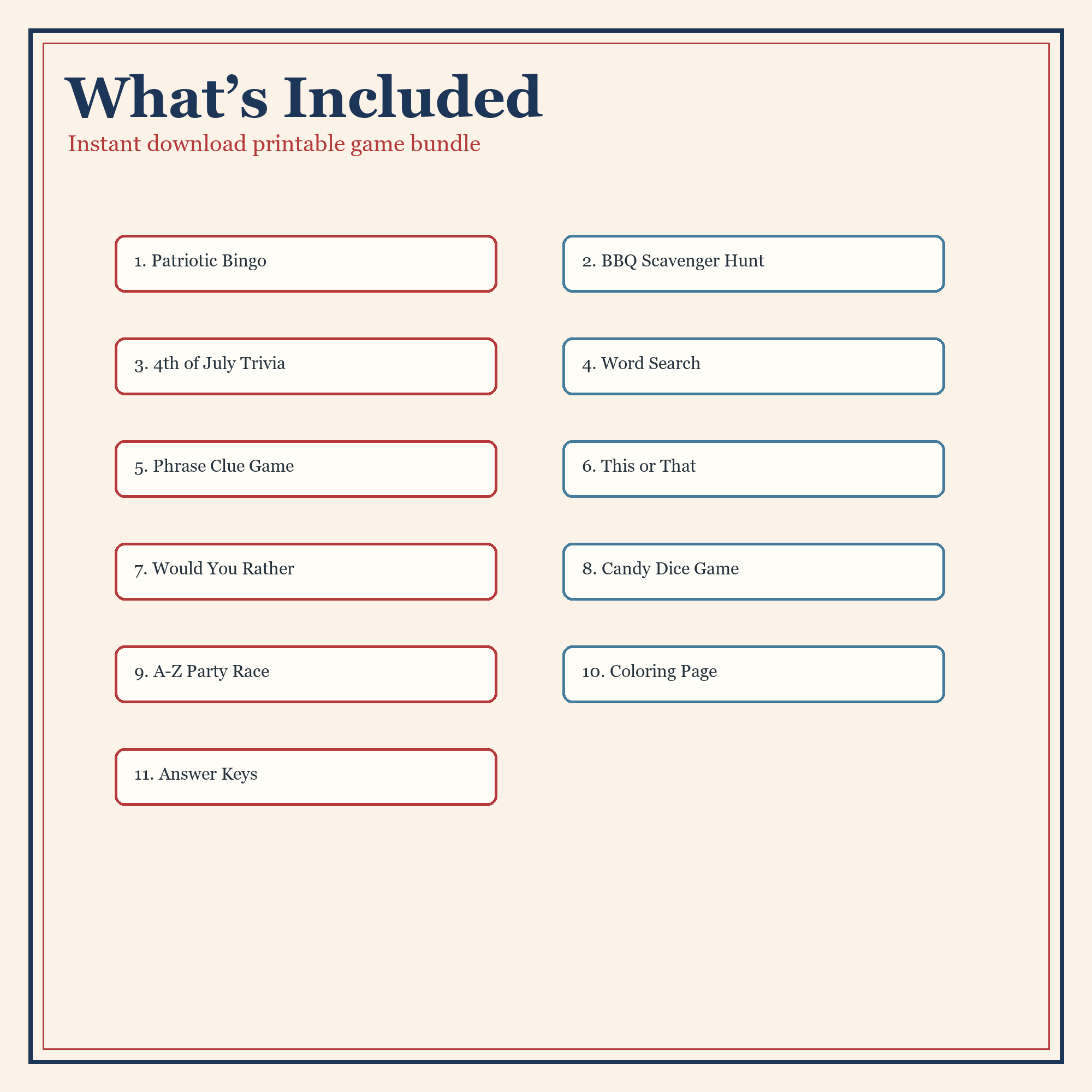 4th of July games bundle contents