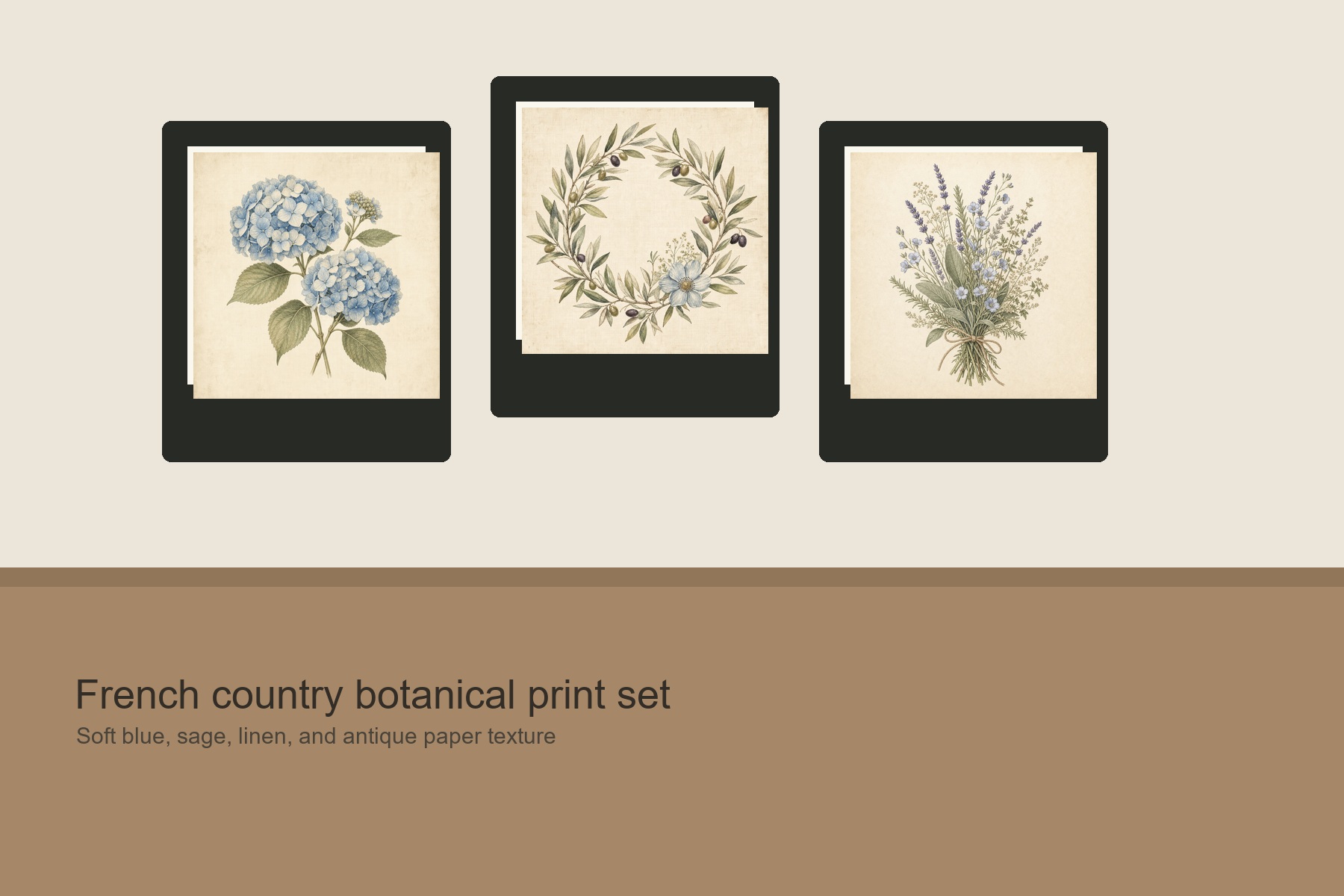 French country botanical printable wall art set in a living room